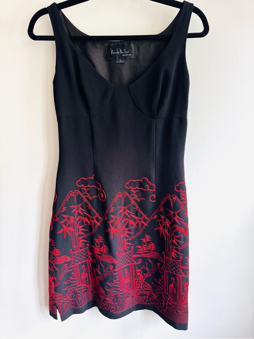 Nicole Miller Black Mini Dress with Red Embroidered Scene